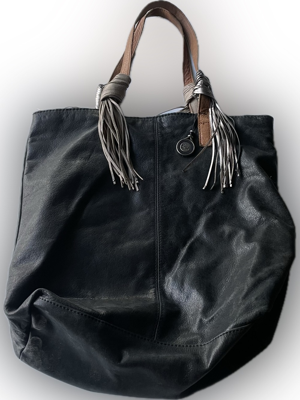 The Sak Black Leather Large Slouchy Tote Shoulder Bag metallic tassels